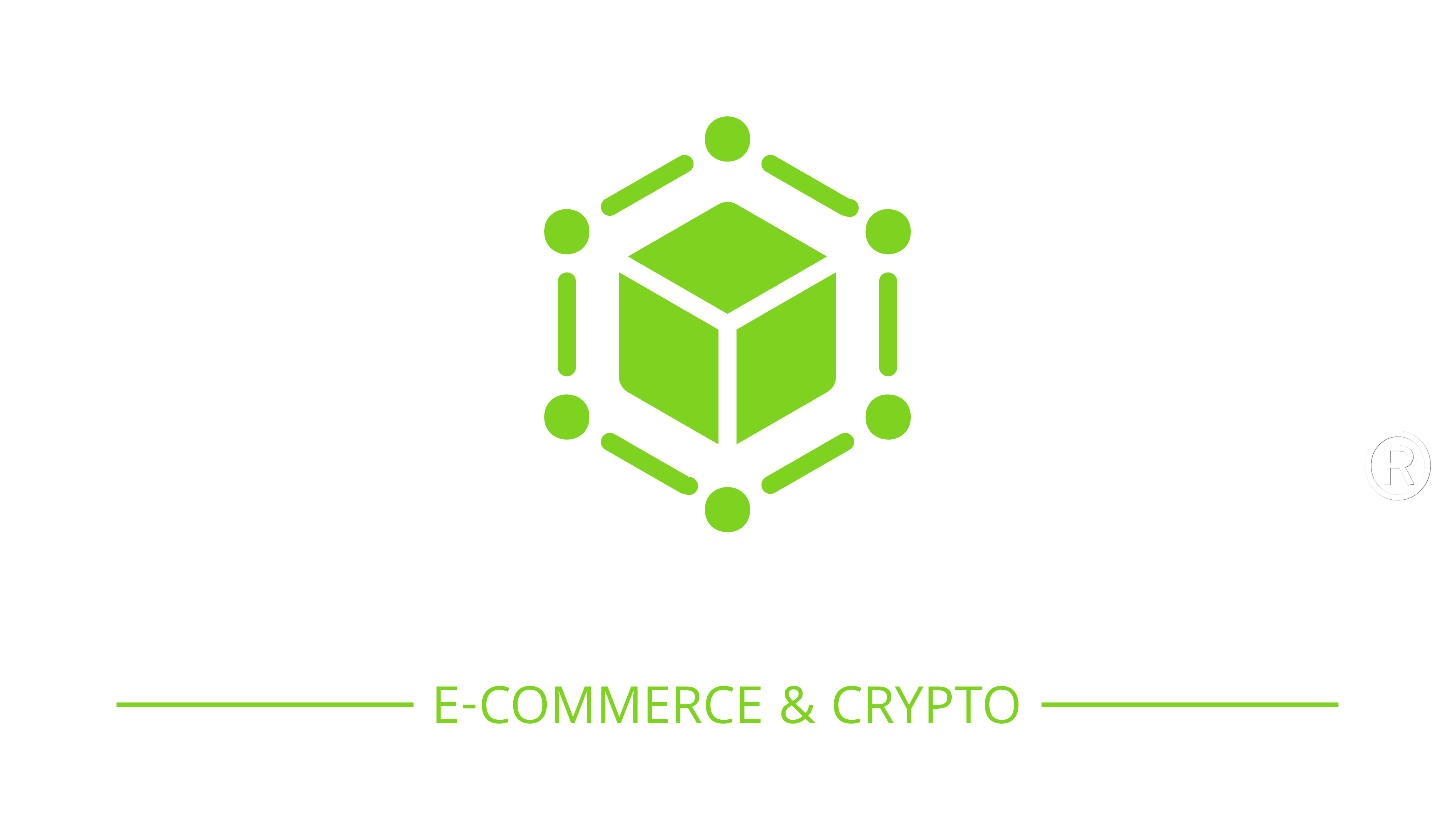 Logo przedstawia nazwę firmy "PERUN TRADING" w białym kolorze, poniżej której znajduje się napis "E-COMMERCE & CRYPTO" w kolorze zielonym. Nad nazwą firmy umieszczony jest graficzny symbol w postaci zielonego sześcianu otoczonego sześcioma zielonymi kółkami połączonymi krótkimi zielonymi liniami, co może symbolizować sieć lub technologię blockchain. Całość logo znajduje się na czarnym tle. W prawym dolnym rogu widnieje znak zarejestrowanego znaku towarowego (®).