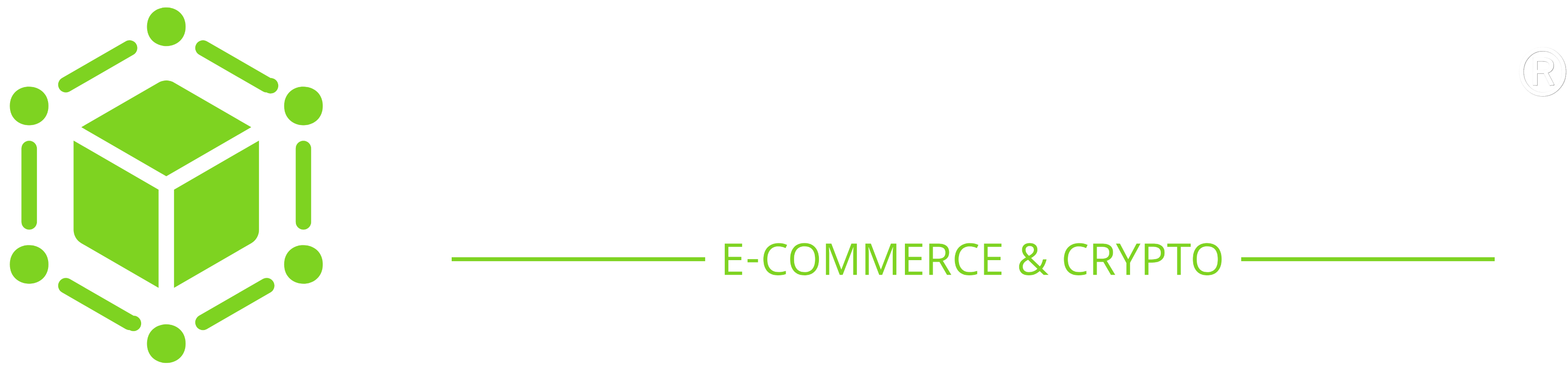 Logo przedstawia nazwę firmy "PERUN TRADING" w białym kolorze, obok której znajduje się napis "E-COMMERCE & CRYPTO" w kolorze zielonym, oddzielony zieloną linią. Po lewej stronie nazwy firmy umieszczony jest graficzny symbol w postaci zielonego sześcianu otoczonego sześcioma zielonymi kółkami połączonymi krótkimi zielonymi liniami, co może symbolizować sieć lub technologię blockchain. Całość logo znajduje się na czarnym tle. W prawym górnym rogu widnieje znak zarejestrowanego znaku towarowego (®).