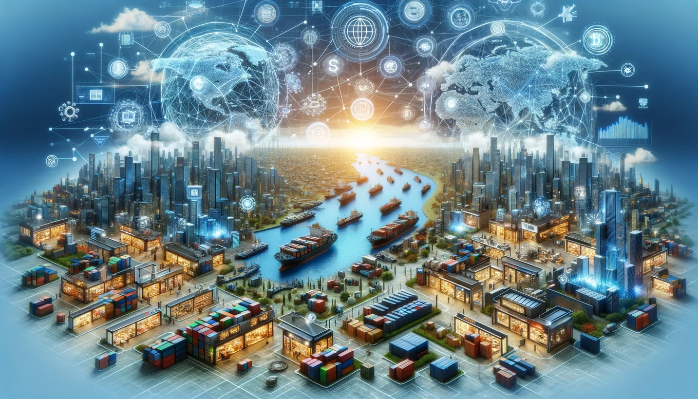 Obrazek przedstawia futurystyczną scenę globalnego handlu i technologii. W centrum znajduje się szeroka rzeka, na której pływają kontenerowce, otoczona nowoczesnymi budynkami miejskimi i portowymi magazynami pełnymi kontenerów. Na niebie unosi się półprzezroczysty glob z nałożonymi ikonami i symbolami technologii, takimi jak wykresy, chmury, symbole kryptowalut i sieci. Po obu stronach rzeki rozciągają się wielkie metropolie z drapaczami chmur. Cała scena emanuje ruchem, postępem technologicznym i globalną łącznością, podkreślając integrację nowoczesnych technologii z globalnym handlem i logistyką.