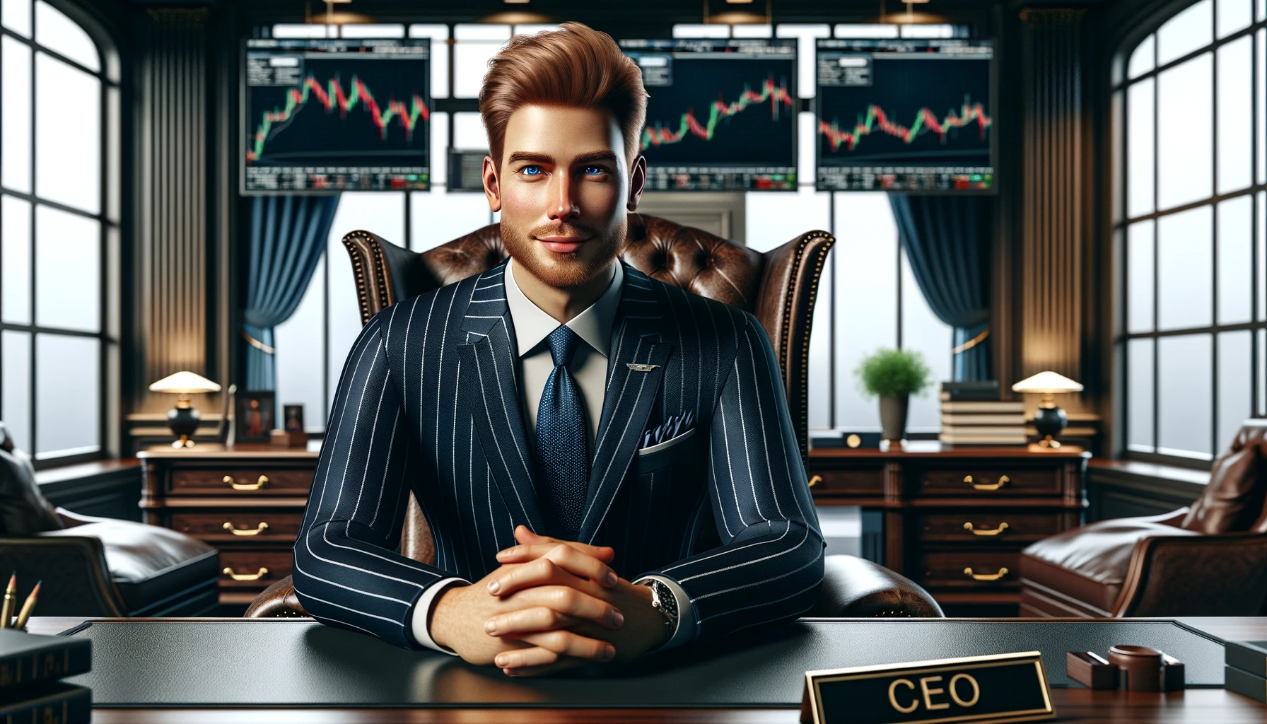 Młody prezes zarządu siedzi za biurkiem w eleganckim gabinecie, ubrany w granatowy garnitur w paski. Na biurku znajduje się tabliczka z napisem "CEO". W tle widoczne są ekrany z wykresami giełdowymi oraz eleganckie, drewniane meble, co podkreśla profesjonalny i luksusowy charakter biura. Wnętrze jest jasne i przestronne, z dużymi oknami wpuszczającymi naturalne światło.