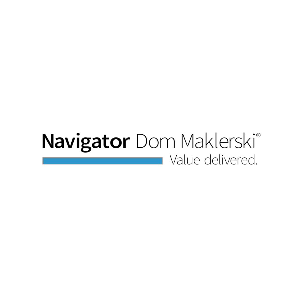 Logo przedstawia napis "Navigator Dom Maklerski" z wyróżnionym słowem "Navigator" w pogrubionej czcionce, podczas gdy "Dom Maklerski" jest napisane lżejszym krojem pisma. Pod napisem znajduje się pozioma, niebieska linia. Po prawej stronie pod napisem "Dom Maklerski" umieszczone jest hasło "Value delivered." w szarej czcionce. Całość jest utrzymana w minimalistycznym stylu, z użyciem czarnego i niebieskiego koloru na białym tle, co nadaje logo elegancki i profesjonalny wygląd.