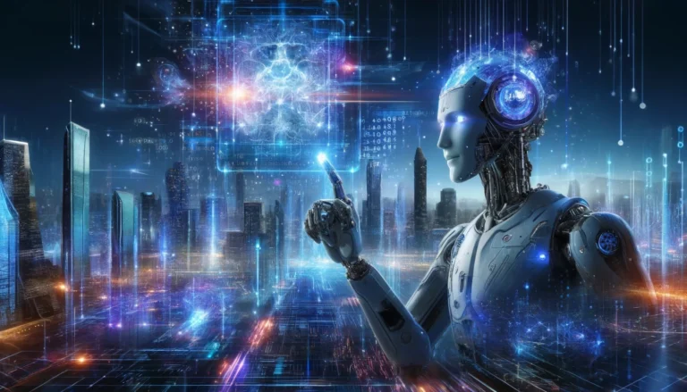 Obrazek przedstawia zaawansowanego robota humanoidalnego, który interaktywnie wchodzi w interakcję z holograficznym ekranem zawieszonym w powietrzu. Robot ma metaliczną konstrukcję z licznymi detalami technologicznymi i świecącymi niebieskimi elementami. W tle widoczna jest futurystyczna panorama miasta, z wysokimi wieżowcami i neonowymi światłami. Wokół robota i w przestrzeni unoszą się cyfrowe dane i wzory, tworząc wrażenie zaawansowanej technologii i przetwarzania informacji. Scena emanuje zaawansowaną technologią, sztuczną inteligencją i przyszłością, w której roboty i komputery odgrywają kluczową rolę.