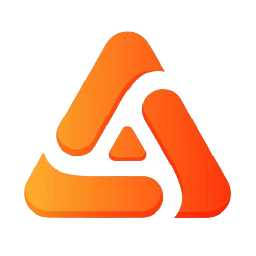 Logo przedstawia stylizowany symbol składający się z trzech elementów ułożonych w kształcie trójkąta, z zaokrąglonymi krawędziami. Elementy są w kolorze pomarańczowym z gradientem, który nadaje im efekt trójwymiarowości. W środku trójkąta znajduje się mniejszy, pełny trójkąt w tym samym kolorze. Całość logo ma nowoczesny i dynamiczny wygląd, symbolizujący energię, ruch i innowacyjność. Tło jest przezroczyste, co pozwala na łatwe dopasowanie logo do różnych materiałów i powierzchni.