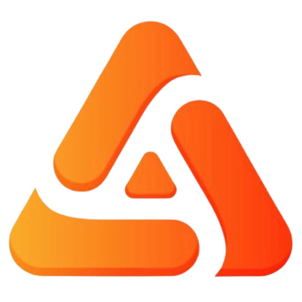 Logo przedstawia stylizowany symbol składający się z trzech elementów ułożonych w kształcie trójkąta, z zaokrąglonymi krawędziami. Elementy są w kolorze pomarańczowym z gradientem, który nadaje im efekt trójwymiarowości. W środku trójkąta znajduje się mniejszy, pełny trójkąt w tym samym kolorze. Całość logo ma nowoczesny i dynamiczny wygląd, symbolizujący energię, ruch i innowacyjność. Tło jest przezroczyste, co pozwala na łatwe dopasowanie logo do różnych materiałów i powierzchni.