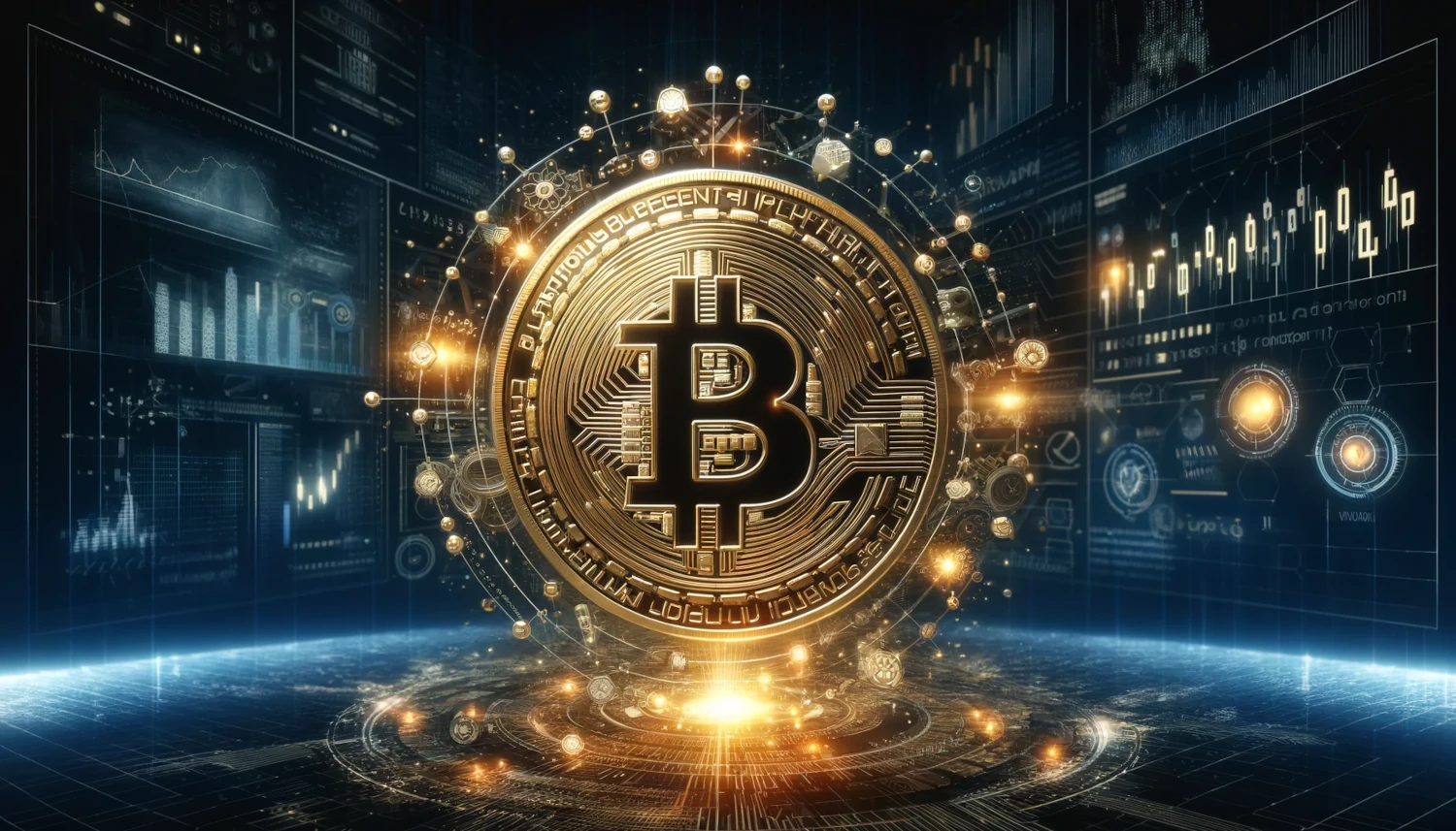 Obrazek przedstawia centralnie umieszczony, złoty symbol Bitcoina, otoczony skomplikowanym, futurystycznym wzorem pełnym linii, punktów i technologicznych elementów. Symbol ten jest oświetlony jasnymi, złotymi promieniami światła, które podkreślają jego znaczenie. W tle widoczne są wykresy finansowe i różne dane na ekranach, sugerujące zaawansowane technologie oraz cyfrowe transakcje. Cała kompozycja ma ciemne, eleganckie tło z niebieskimi i złotymi akcentami, co nadaje obrazowi nowoczesny i dynamiczny charakter, symbolizując rozwój i znaczenie kryptowalut w dzisiejszym świecie.