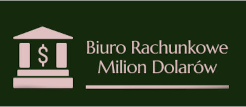 Logo przedstawia nazwę "Biuro Rachunkowe Milion Dolarów" napisaną elegancką, jasnoróżową czcionką na ciemnozielonym tle. Po lewej stronie znajduje się stylizowany wizerunek budynku z kolumnami, przypominający bank lub instytucję finansową, z symbolem dolara ($) umieszczonym pośrodku. Pod nazwą biura znajduje się pozioma linia w tym samym jasnoróżowym kolorze, co litery. Całość logo emanuje profesjonalizmem i solidnością, sugerując zaufanie i prestiż w zakresie usług rachunkowych.