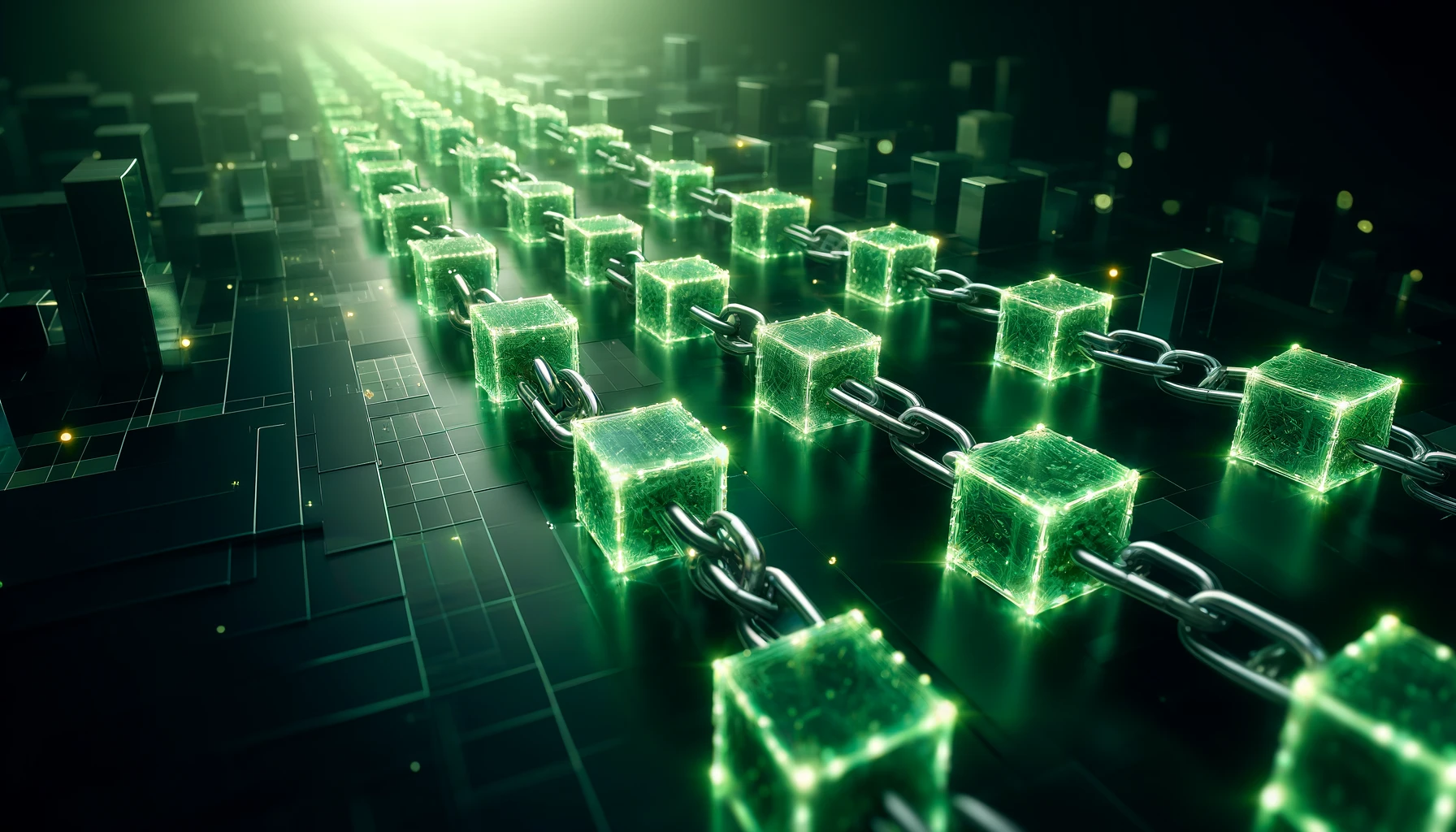 Obrazek przedstawia symboliczną reprezentację technologii blockchain. Widać długie łańcuchy składające się z połączonych ze sobą świecących zielonych bloków, które unoszą się w przestrzeni. Każdy blok jest przezroczysty, z widocznymi wewnętrznymi strukturami przypominającymi układy elektroniczne. Łańcuchy biegną w perspektywie, tworząc wrażenie nieskończonego połączenia bloków. Tło jest ciemne, co sprawia, że zielone, świecące bloki wyraźnie się wyróżniają. Cała scena emanuje nowoczesnością i zaawansowaną technologią, symbolizując bezpieczeństwo i niezawodność technologii blockchain.