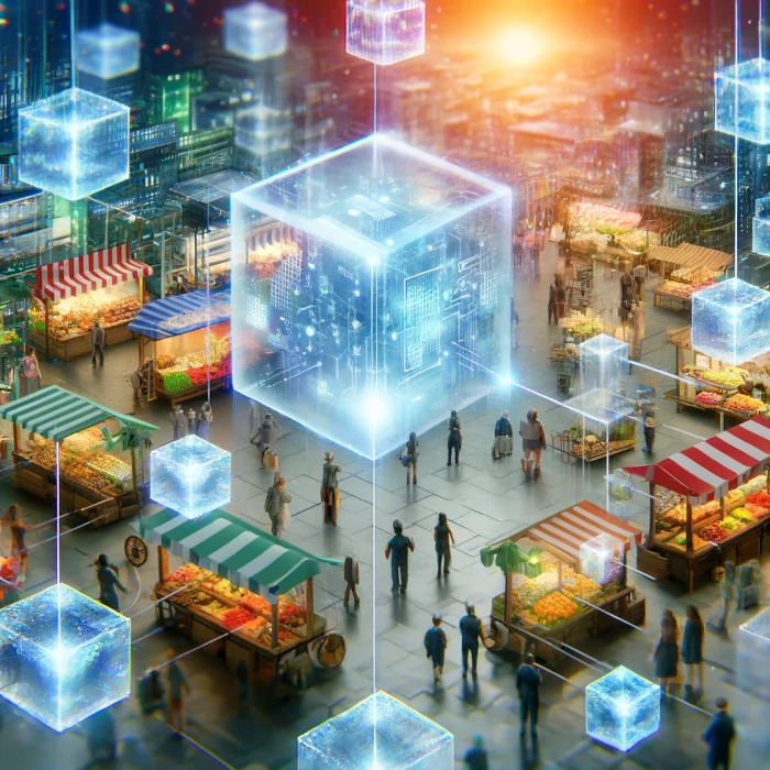 Widok futurystycznego targu, gdzie tradycyjne stoiska z owocami i warzywami są połączone z nowoczesną technologią blockchain. Na targowisku unoszą się półprzezroczyste, świetliste sześciany, symbolizujące dane blockchain, które łączą się ze sobą w powietrzu. Ludzie spacerują między straganami, dokonując zakupów, podczas gdy technologia blockchain nadzoruje transakcje. Całość tworzy wizję połączenia tradycyjnego handlu z zaawansowaną technologią cyfrową.
