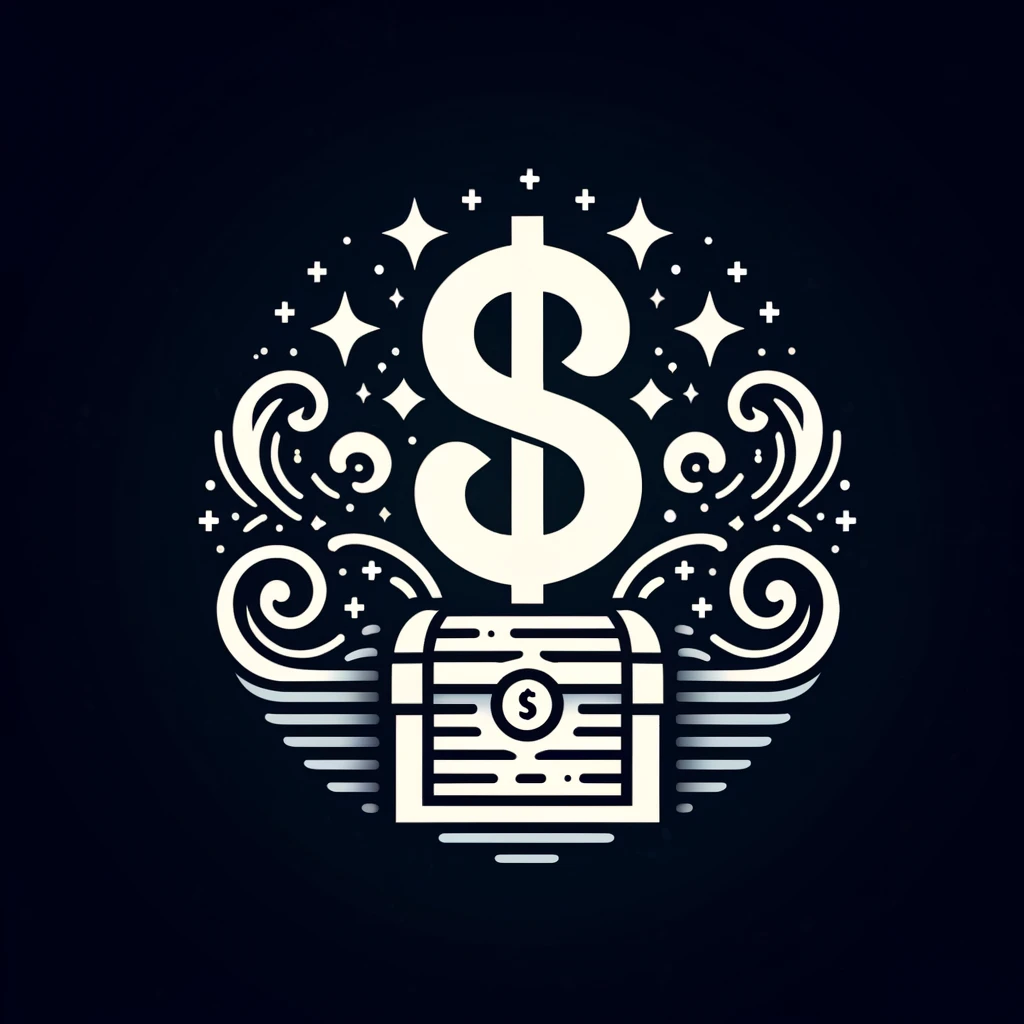 Obrazek przedstawia stylizowaną grafikę finansową. Centralnym elementem jest duży, biały symbol dolara ($), który unosi się nad otwartą skrzynią skarbów. Ze skrzyni unoszą się dekoracyjne wzory i linie, symbolizujące bogactwo i przepływ pieniędzy. W tle widać mnóstwo małych, białych gwiazdek i krzyżyków, które dodają kompozycji dynamiki i blasku. Całość jest utrzymana w monochromatycznej kolorystyce, na ciemnym tle, co nadaje grafice elegancji i nowoczesnego wyglądu. Symbolizuje to prosperity, finansowy sukces i bogactwo.