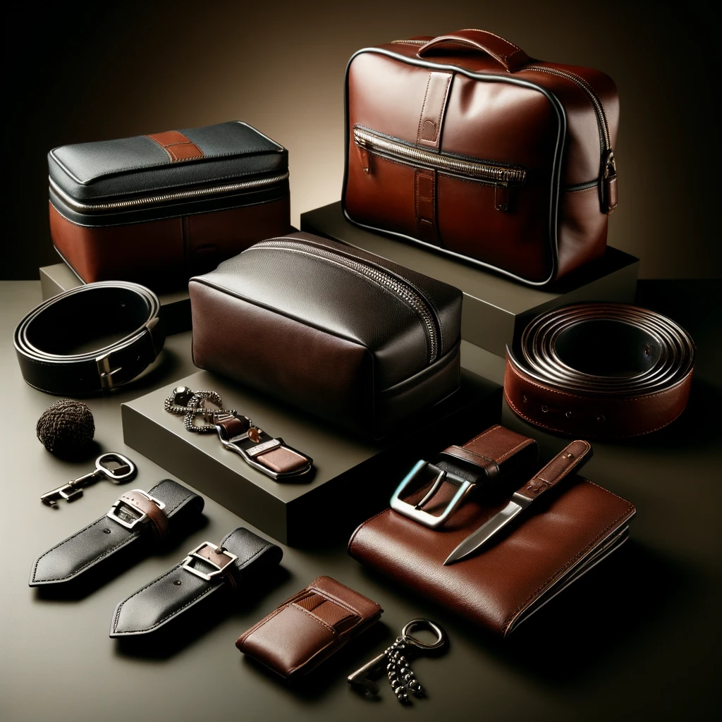 Obrazek przedstawia eleganckie skórzane dodatki, starannie rozmieszczone na ciemnym tle. W centralnej części znajdują się różne torby i kosmetyczki wykonane z wysokiej jakości brązowej i czarnej skóry, z metalowymi zamkami i detalami. Obok nich znajdują się akcesoria, takie jak paski do spodni, bransoletki, breloczki do kluczy, skórzane etui na noże oraz eleganckie portfele. Wszystkie elementy są utrzymane w stonowanej, klasycznej kolorystyce, co podkreśla ich luksusowy charakter. Całość emanuje wyrafinowaniem i wysoką jakością, sugerując, że produkty te są przeznaczone dla osób ceniących elegancję i precyzję wykonania w swoich codziennych dodatkach.