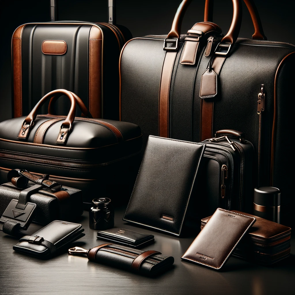 Obrazek przedstawia eleganckie akcesoria podróżne, wykonane z wysokiej jakości czarnej skóry z brązowymi akcentami. W centralnej części widoczne są różne torby podróżne, walizki, nesesery oraz etui. W tle znajdują się większe walizki z kółkami, natomiast na pierwszym planie mniejsze akcesoria, takie jak portfele, etui na paszport, kosmetyczki i etui na karty. Każdy element jest starannie wykonany i prezentuje się luksusowo, co podkreśla elegancki i stylowy charakter zestawu. Całość jest utrzymana w stonowanej, klasycznej kolorystyce, która emanuje profesjonalizmem i wyrafinowaniem.