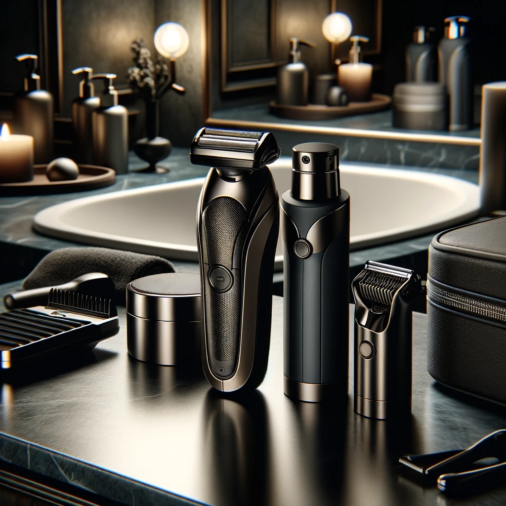 Obrazek przedstawia zestaw nowoczesnych urządzeń do pielęgnacji ciała, ustawionych na eleganckim blacie łazienkowym. W centralnej części znajdują się elektryczne golarki i trymer, wykonane z metalu i tworzywa w kolorze czerni i srebra, nadające im nowoczesny i luksusowy wygląd. Obok nich stoją inne akcesoria do pielęgnacji, takie jak pojemnik na krem, małe szczotki, oraz spray do twarzy. W tle widoczne są elementy łazienki, takie jak mydła, dozowniki i ręczniki, utrzymane w stonowanej kolorystyce, która podkreśla elegancję i funkcjonalność zestawu. Całość tworzy wrażenie luksusu i dbałości o detale, sugerując, że produkty są przeznaczone dla osób ceniących sobie wysoką jakość i wygodę w codziennej pielęgnacji.