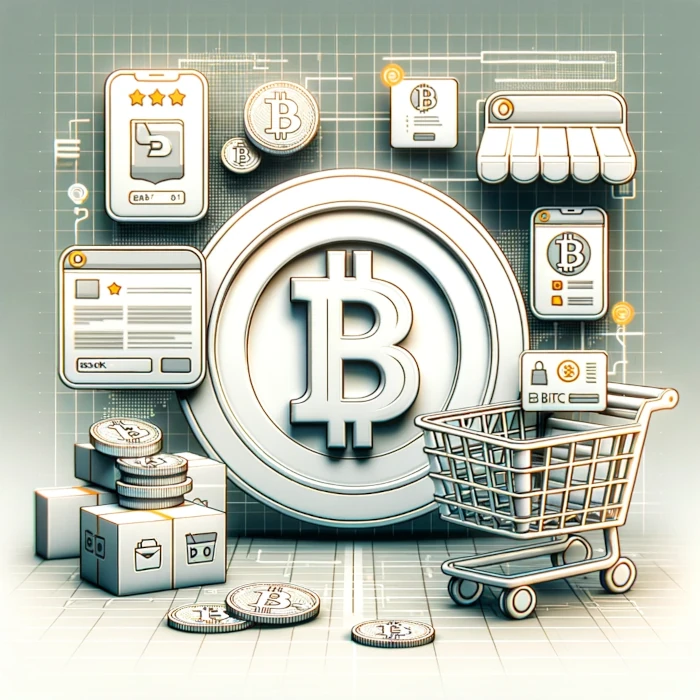 Obrazek przedstawia graficzną koncepcję integracji kryptowalut z e-commerce. Centralnym elementem jest duży symbol bitcoina, otoczony ikonami symbolizującymi różne aspekty handlu elektronicznego, takie jak recenzje produktów, sklepy internetowe, koszyki zakupowe, portfele kryptowalutowe oraz mobilne aplikacje płatnicze. W prawym dolnym rogu znajduje się wózek sklepowy z monetami i kartami, co symbolizuje zakupy przy użyciu kryptowalut. W tle widać wykresy i siatkę, co podkreśla cyfrowy charakter przedstawionej sceny. Całość utrzymana jest w jasnych, metalicznych odcieniach, nadając obrazowi nowoczesny i technologiczny wygląd.
