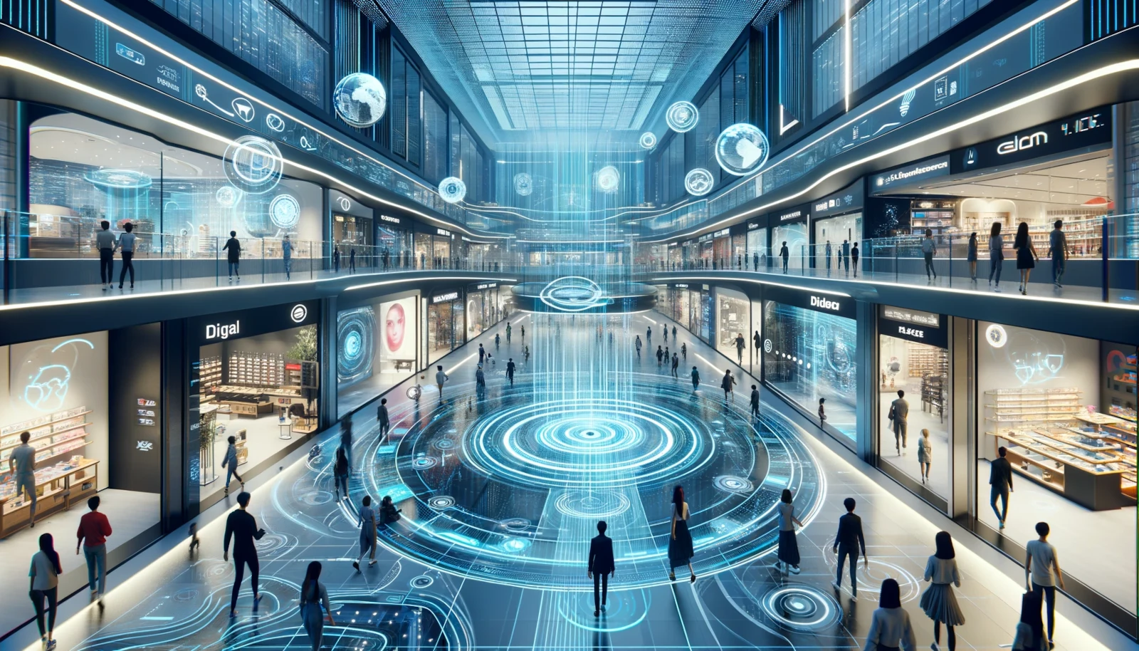 Obrazek przedstawia futurystyczne wnętrze nowoczesnej galerii handlowej w stylu metaverse. W centrum przestrzeni znajduje się zaawansowany technologicznie hol, z holograficznymi projekcjami i interaktywnymi ekranami. Ludzie chodzą po dwóch poziomach galerii, otoczeni sklepami z nowoczesnymi witrynami, które również wyświetlają holograficzne reklamy i informacje. Całość oświetlona jest niebieskimi i białymi światłami, co nadaje scenerii nowoczesny, futurystyczny wygląd. Atmosfera miejsca jest dynamiczna, a technologia odgrywa kluczową rolę w interakcji użytkowników z otoczeniem.