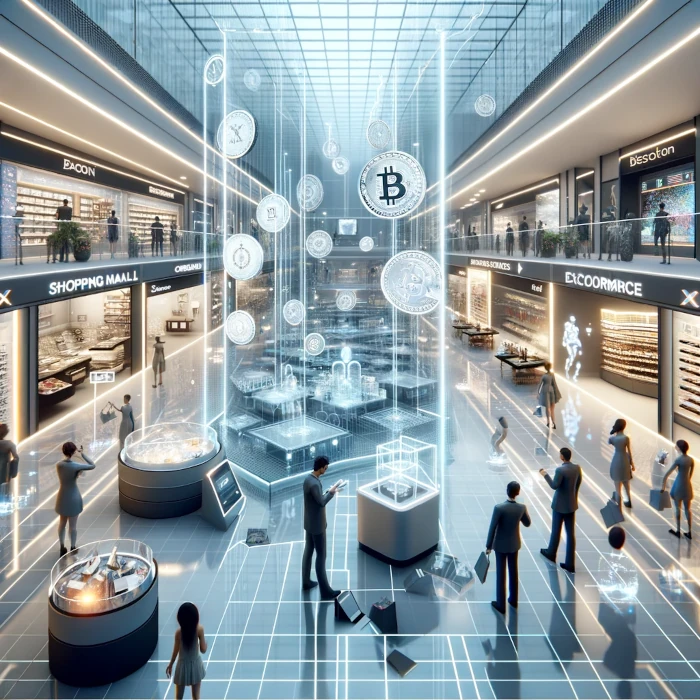 Obrazek przedstawia futurystyczne centrum handlowe w metaverse, gdzie technologia blockchain i kryptowaluty odgrywają kluczową rolę. W centrum sceny unosi się holograficzna projekcja różnych kryptowalut, w tym bitcoina, symbolizując cyfrowe transakcje. Wokół znajdują się nowoczesne sklepy z różnymi produktami, oznaczone neonowymi szyldami. Ludzie, ubrani w eleganckie, futurystyczne stroje, przechadzają się po centrum handlowym, niektórzy z nich korzystają z urządzeń elektronicznych do interakcji z wirtualnymi produktami i usługami. Cała scena jest utrzymana w chłodnych odcieniach niebieskiego i szarości, podkreślając nowoczesny i cyfrowy charakter metaverse.