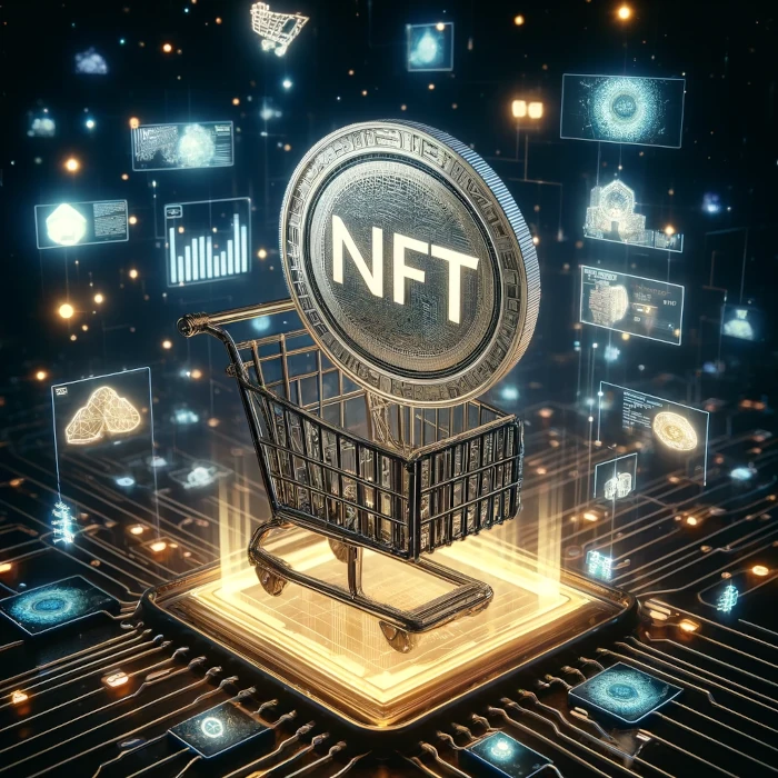 Obrazek przedstawia cyfrową scenę związaną z handlem NFT (Non-Fungible Token). Na środku znajduje się koszyk na zakupy, w którym umieszczona jest duża moneta z napisem "NFT". Koszyk stoi na podświetlonej platformie przypominającej chip komputerowy, co symbolizuje związek z technologią blockchain. W tle widać różne holograficzne wyświetlacze pokazujące wykresy, grafiki i inne elementy cyfrowe, które unoszą się w powietrzu. Cała scena jest utrzymana w futurystycznym stylu, z dominującymi odcieniami złota i niebieskiego, podkreślając nowoczesność i cyfrowy charakter handlu NFT.