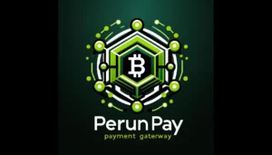 Logo przedstawia stylizowany symbol Bitcoina umieszczony w centralnej części heksagonalnego, futurystycznego wzoru, otoczonego siecią zielonych i białych punktów oraz linii, symbolizujących technologię i połączenia sieciowe. Poniżej znajduje się napis "Perun Pay" w nowoczesnej czcionce, a pod nim mniejszymi literami "payment gateway". Kolorystyka logo składa się głównie z odcieni zieleni, bieli i czerni, co nadaje mu nowoczesny i technologiczny wygląd. Całość tworzy wrażenie zaawansowanej platformy płatniczej opartej na technologii blockchain.