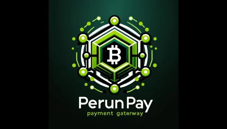 Logo przedstawia stylizowany symbol Bitcoina umieszczony w centralnej części heksagonalnego, futurystycznego wzoru, otoczonego siecią zielonych i białych punktów oraz linii, symbolizujących technologię i połączenia sieciowe. Poniżej znajduje się napis "Perun Pay" w nowoczesnej czcionce, a pod nim mniejszymi literami "payment gateway". Kolorystyka logo składa się głównie z odcieni zieleni, bieli i czerni, co nadaje mu nowoczesny i technologiczny wygląd. Całość tworzy wrażenie zaawansowanej platformy płatniczej opartej na technologii blockchain.