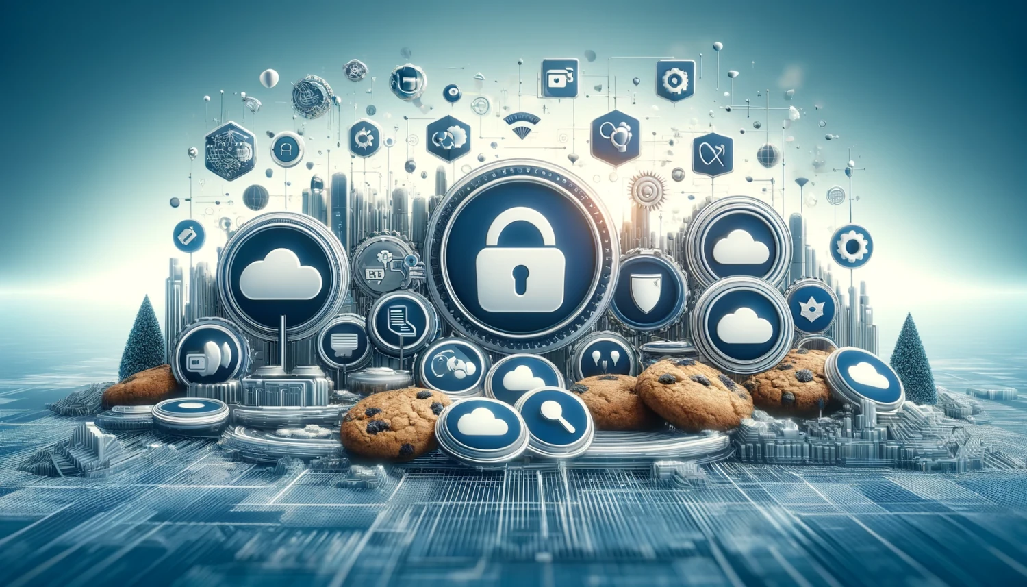Obraz przedstawia złożoną cyfrową scenę symbolizującą politykę plików cookies. W centrum znajduje się duża ikona kłódki, symbolizująca bezpieczeństwo i ochronę danych. Wokół niej rozmieszczone są różnorodne ikony związane z technologią, chmurą obliczeniową, prywatnością i zarządzaniem danymi, wszystkie umieszczone w futurystycznym, miejskim krajobrazie z elementami technologicznymi. W dolnej części obrazu widoczne są grafiki przedstawiające pliki cookies w kształcie ciasteczek, co nawiązuje do ich nazwy. Tło jest utrzymane w chłodnych, niebieskich odcieniach, podkreślając techniczny charakter tematyki.