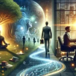 Obrazek nawiązujący do prawa przyciągania, przedstawia dualistyczną scenę podzieloną na dwie części, symbolizującą balans między duchowością a życiem zawodowym. Lewa strona pokazuje mężczyznę w pozycji medytacyjnej siedzącego pod rozłożystym drzewem na trawniku, otoczonego książkami i światłami przypominającymi świetliki. Nad nim rozciąga się kosmiczna, eteryczna postać, a w tle widać sylwetki trzech osób trzymających się za ręce. Po prawej stronie obrazka znajduje się mężczyzna w garniturze, siedzący przy biurku w nowoczesnym biurze z widokiem na miasto przez wielkie okna. Pomiędzy dwoma częściami wije się świetlista ścieżka, łącząca elementy natury i technologii, symbolizująca połączenie dwóch światów.