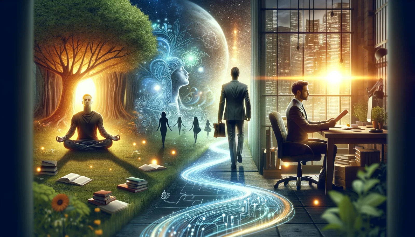Obrazek nawiązujący do prawa przyciągania, przedstawia dualistyczną scenę podzieloną na dwie części, symbolizującą balans między duchowością a życiem zawodowym. Lewa strona pokazuje mężczyznę w pozycji medytacyjnej siedzącego pod rozłożystym drzewem na trawniku, otoczonego książkami i światłami przypominającymi świetliki. Nad nim rozciąga się kosmiczna, eteryczna postać, a w tle widać sylwetki trzech osób trzymających się za ręce. Po prawej stronie obrazka znajduje się mężczyzna w garniturze, siedzący przy biurku w nowoczesnym biurze z widokiem na miasto przez wielkie okna. Pomiędzy dwoma częściami wije się świetlista ścieżka, łącząca elementy natury i technologii, symbolizująca połączenie dwóch światów.