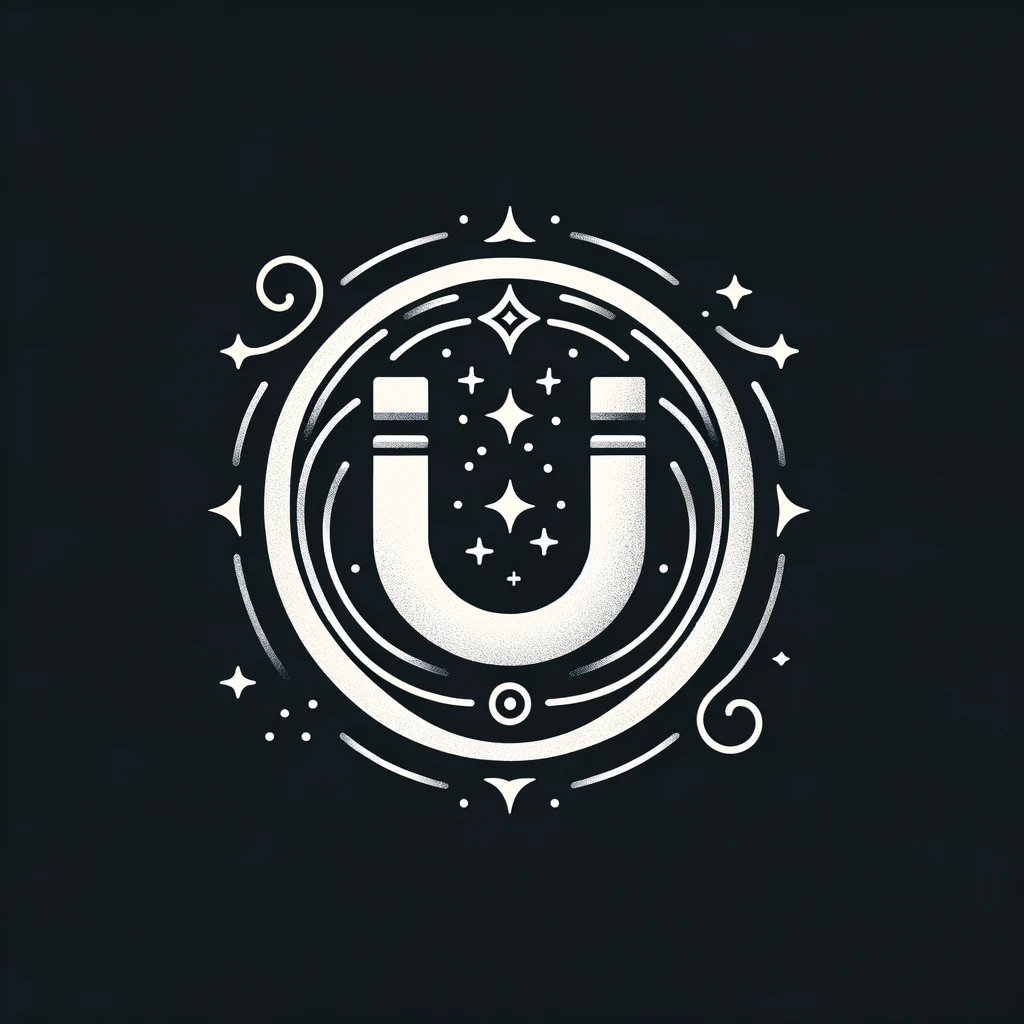 Obrazek przedstawia stylizowany biały magnes w kształcie podkowy, umieszczony centralnie na ciemnym tle. Magnes otoczony jest dekoracyjnymi, symetrycznymi wzorami i liniami, które nadają kompozycji harmonijny i estetyczny wygląd. W tle magnesu widać drobne gwiazdy i kropki, symbolizujące energię i przyciąganie. Cała grafika jest utrzymana w minimalistycznym stylu z przewagą bieli i czerni, co nadaje jej elegancji i nowoczesności. Symbolizuje to koncepcję przyciągania pozytywnych rzeczy i energii, zgodnie z ideą prawa przyciągania.