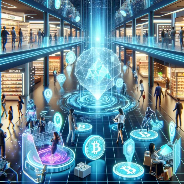 Obrazek przedstawia futurystyczną wizję e-commerce, gdzie technologia blockchain i kryptowaluty odgrywają kluczową rolę. Scena rozgrywa się w nowoczesnym centrum handlowym, gdzie hologramy i interaktywne ekrany są powszechne. W centrum obrazu znajduje się duży holograficzny symbol Ethereum, otoczony mniejszymi ikonami bitcoina i innych kryptowalut. Ludzie poruszają się po centrum handlowym, korzystając z technologii AR/VR do interakcji z produktami i dokonywania zakupów. Widać również postacie korzystające z wózków zakupowych i urządzeń mobilnych, co podkreśla integrację fizycznych zakupów z cyfrową technologią blockchain. Całość obrazu utrzymana jest w chłodnych, niebieskich odcieniach, nadając mu nowoczesny i innowacyjny wygląd.