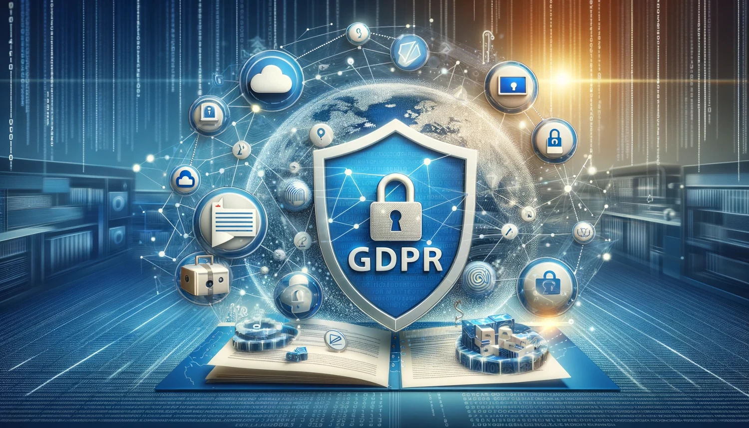 Obraz przedstawia panoramiczną scenę symbolizującą RODO (GDPR) dla strony internetowej. W centrum znajduje się duża tarcza z napisem "GDPR" i ikoną kłódki, symbolizującą ochronę danych. Wokół tarczy widoczne są różne ikony reprezentujące elementy ochrony danych i prywatności, takie jak chmury danych, dokumenty, odciski palców, klucze oraz ikony blokady. Cała scena jest umieszczona w cyfrowym środowisku, pełnym połączeń sieciowych i technologii, co podkreśla znaczenie zgodności z przepisami o ochronie danych w nowoczesnym świecie cyfrowym.