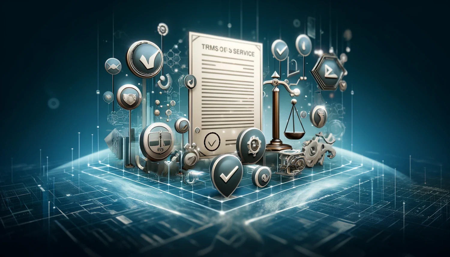 Obraz przedstawia panoramiczną scenę symbolizującą "Warunki korzystania z usługi" dla strony internetowej. W centrum obrazu znajduje się duży dokument z napisem "Terms of Service". Wokół niego widoczne są różne ikony reprezentujące zasady, regulacje i bezpieczeństwo, takie jak wagi symbolizujące sprawiedliwość, tarcze symbolizujące ochronę, oraz znaczniki wyboru wskazujące zgodność z przepisami. Cała scena jest umieszczona w cyfrowym środowisku, pełnym sieciowych połączeń i nowoczesnych technologii, podkreślających charakter dokumentów dotyczących regulacji internetowych.