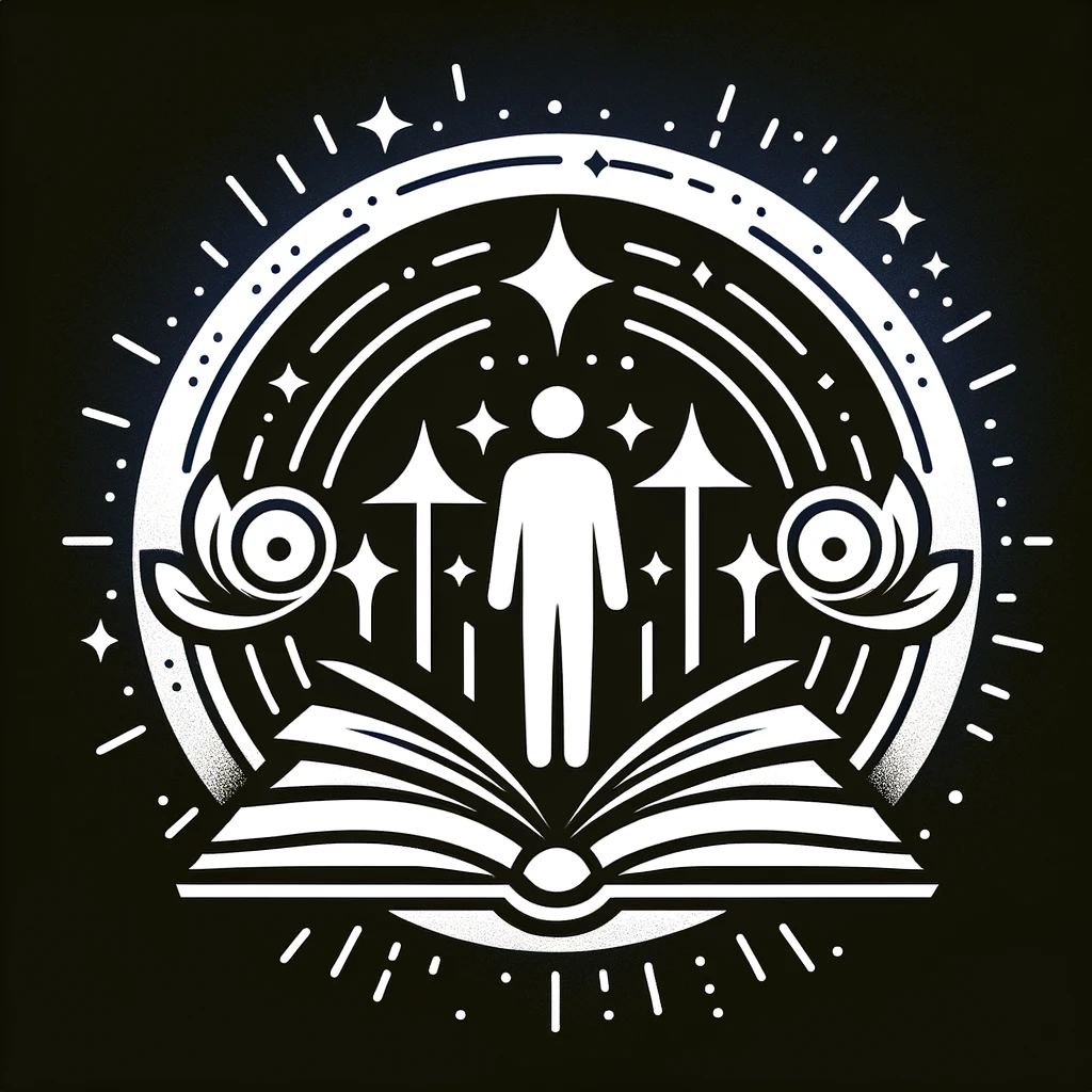Obrazek przedstawia stylizowaną grafikę symbolizującą rozwój osobisty i edukację. W centralnej części znajduje się otwarta książka, z której wyłania się sylwetka człowieka stojącego na jej stronach. W tle widać wzory przypominające promienie i gwiazdy, co symbolizuje oświecenie i zdobywanie wiedzy. Po obu stronach postaci znajdują się stylizowane kwiaty, dodające całości elementu natury i harmonii. Cała kompozycja jest utrzymana w monochromatycznej kolorystyce, z białymi elementami na ciemnym tle, co nadaje obrazowi elegancji i nowoczesnego charakteru. Symbolizuje to proces nauki, wzrostu i samodoskonalenia.