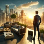 Obrazek symbolizujący sukces przedstawia elegancko ubranego mężczyznę w garniturze, stojącego na nowoczesnym tarasie z widokiem na panoramę miasta o zachodzie słońca. Mężczyzna patrzy na rozświetlone wieżowce i miejską scenerię, trzymając w ręku skórzaną teczkę. Na tarasie znajdują się stylowe meble, w tym sofa, stolik kawowy z napojami i przekąskami, oraz rośliny w donicach, co dodaje elegancji i komfortu przestrzeni. Atmosfera obrazu emanuje sukcesem, spokojem i refleksją nad osiągnięciami zawodowymi.