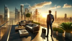 Obrazek symbolizujący sukces przedstawia elegancko ubranego mężczyznę w garniturze, stojącego na nowoczesnym tarasie z widokiem na panoramę miasta o zachodzie słońca. Mężczyzna patrzy na rozświetlone wieżowce i miejską scenerię, trzymając w ręku skórzaną teczkę. Na tarasie znajdują się stylowe meble, w tym sofa, stolik kawowy z napojami i przekąskami, oraz rośliny w donicach, co dodaje elegancji i komfortu przestrzeni. Atmosfera obrazu emanuje sukcesem, spokojem i refleksją nad osiągnięciami zawodowymi.
