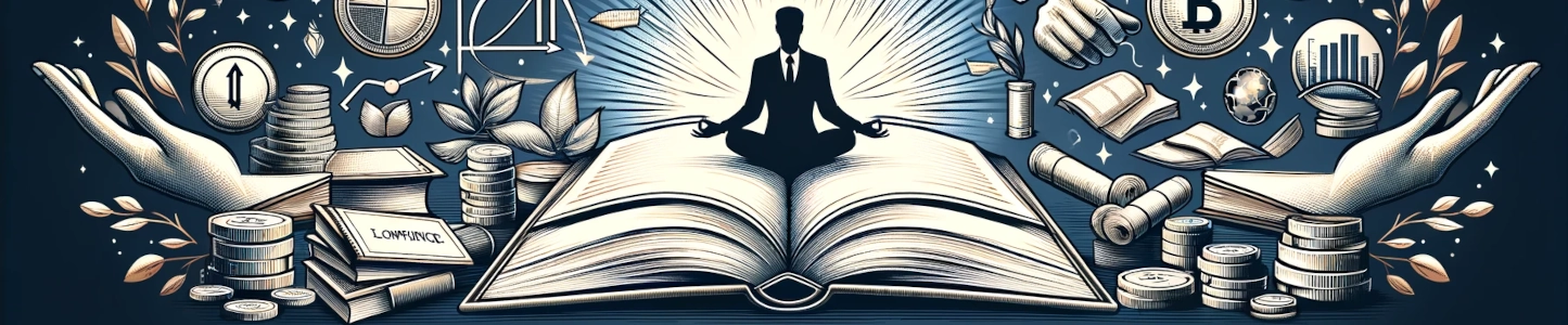 Obrazek przedstawia rozbudowaną ilustrację tematyki rozwoju osobistego, edukacji i finansów. Centralnym elementem jest otwarta książka, na której siedzi postać w pozycji medytacyjnej, emanująca promieniami światła. Po obu stronach książki znajdują się różne symbole i ikony związane z wiedzą i sukcesem: monety, banknoty, wykresy, rośliny, dokumenty i symbole kryptowalut. Po lewej i prawej stronie widoczne są dłonie, które jakby wspierają całą kompozycję, symbolizując wsparcie i opiekę. Cała scena jest bogata w detale i utrzymana w harmonijnej, stonowanej kolorystyce, co nadaje obrazowi elegancji i głębi. Symbolizuje to integrację wiedzy, finansowego sukcesu i duchowego rozwoju.