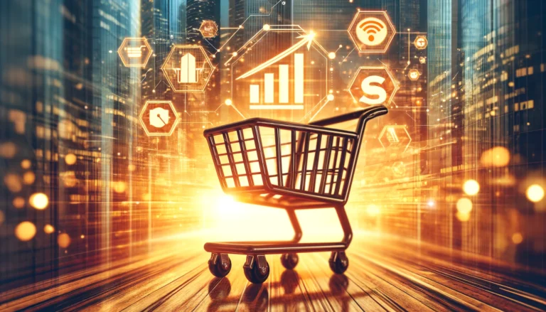 Obrazek przedstawia wózek sklepowy na tle futurystycznego miasta, pełnego wysokich budynków i świateł. Wózek znajduje się na drewnianej powierzchni, a za nim widać intensywne światło wschodzącego lub zachodzącego słońca, które podkreśla jego sylwetkę. W tle, w powietrzu unoszą się półprzezroczyste ikony technologiczne i wskaźniki, takie jak wykresy wzrostu, symbol Wi-Fi, symbol dolara oraz inne związane z e-commerce i technologią. Cała scena emanuje nowoczesnością i innowacyjnością, symbolizując rozwój handlu elektronicznego i integrację zaawansowanych technologii w procesach zakupowych.