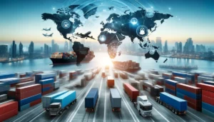 Obrazek przedstawia dynamiczną scenę globalnej logistyki i transportu. Na pierwszym planie widoczne są liczne kontenery transportowe ustawione na nabrzeżu oraz ciężarówki przewożące te kontenery. W tle znajduje się port morski z dużymi kontenerowcami, a dalej widać panoramę nowoczesnego miasta z drapaczami chmur. Nad całą sceną unosi się półprzezroczysta mapa świata, na której zaznaczone są różne ikony związane z logistyką i transportem, takie jak samoloty, statki, ciężarówki oraz symbole sieci i łączności. Scena emanuje ruchem i efektywnością, symbolizując globalny przepływ towarów i nowoczesne technologie wspierające międzynarodowy handel i logistykę.