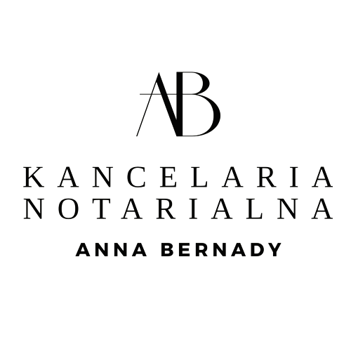 Logo przedstawia nazwę "Kancelaria Notarialna" napisaną elegancką, białą czcionką na czarnym tle. Nad nazwą kancelarii znajdują się stylizowane inicjały "AB", które są złożone w artystyczny sposób, nadając logo nowoczesny i profesjonalny wygląd. Pod nazwą kancelarii, również w białej czcionce, widnieje imię i nazwisko "Anna Bernady". Całość logo emanuje prostotą i elegancją, co sugeruje profesjonalizm i wysoką jakość usług notarialnych świadczonych przez kancelarię.