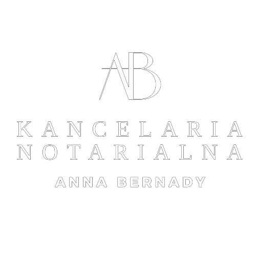 Logo przedstawia nazwę "Kancelaria Notarialna" napisaną elegancką, białą czcionką na czarnym tle. Nad nazwą kancelarii znajdują się stylizowane inicjały "AB", które są złożone w artystyczny sposób, nadając logo nowoczesny i profesjonalny wygląd. Pod nazwą kancelarii, również w białej czcionce, widnieje imię i nazwisko "Anna Bernady". Całość logo emanuje prostotą i elegancją, co sugeruje profesjonalizm i wysoką jakość usług notarialnych świadczonych przez kancelarię.